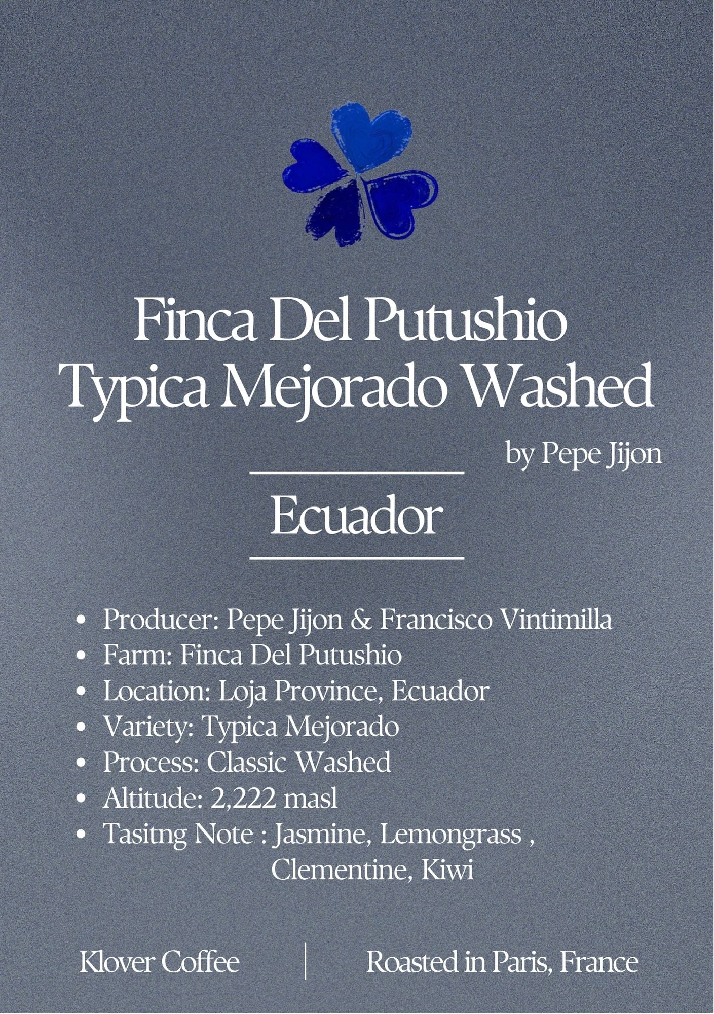 Finca Del Putushio Typica Mejorado - Ecuador, Klover Coffee | 100g